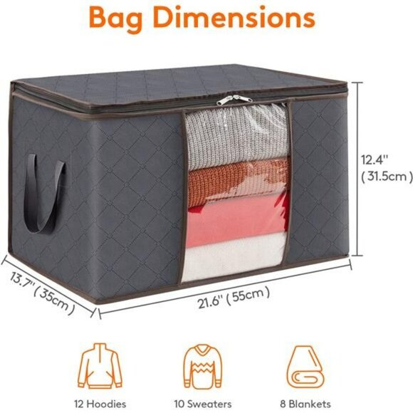 6-Pack Clothes Storage Bag, Storage Bins with Reinforced Handle, 60L, Grey - Picture 2 of 6